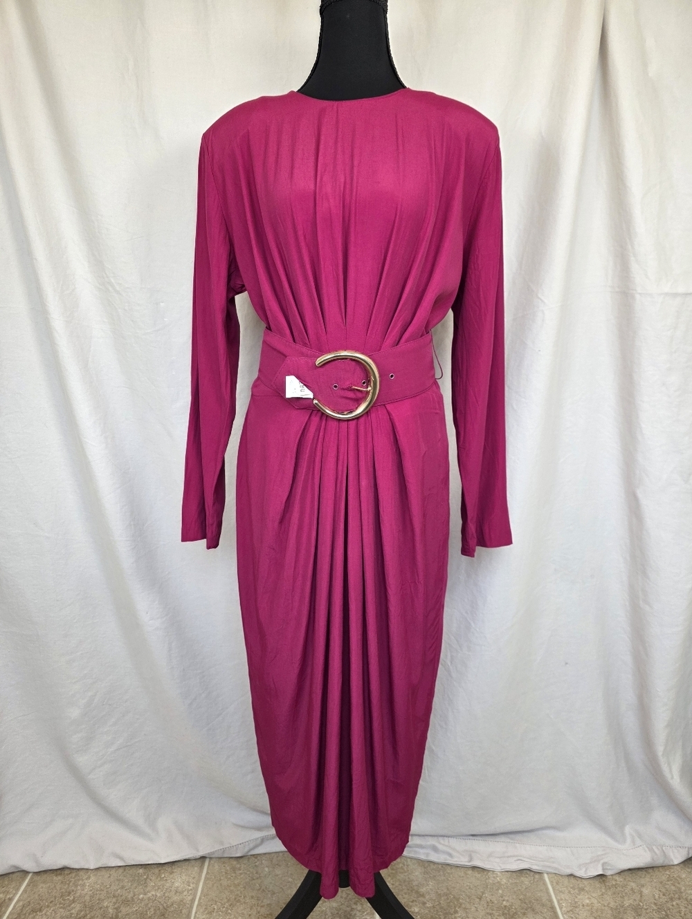 Vintage 80s Pink Belted Power Dress Dolman Sleeve Midi